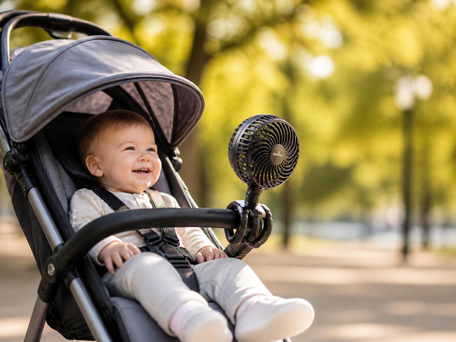 Fan clipped to a stroller in a park